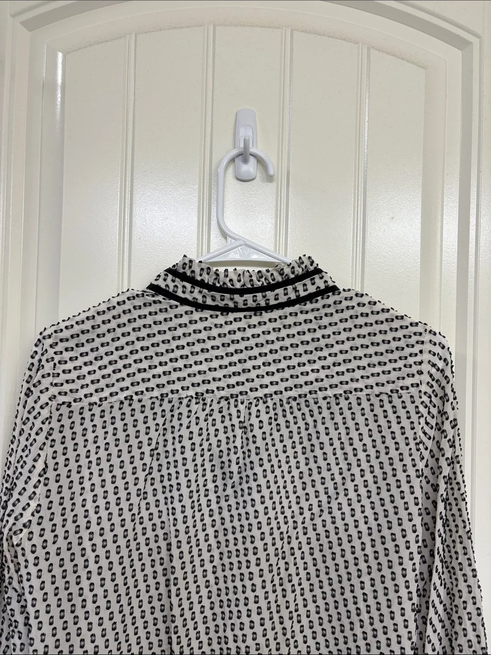 J. Crew Black & Off-White Patterned V-Neck Silk blend Blouse